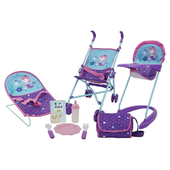 509 Crew: Mermaid 9 Piece Doll Playset W/ Stroller, Highchair, Bouncer, Handbag, Feeding Accessories, Kids Age 3+