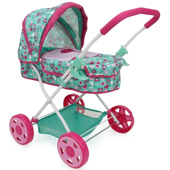 509 Crew: Mint Heart - Daisy Doll Pram - Pink & Green, Bassinet, Storage Basket, Retractable Canopy, Folding, Accessory, Pretend Play Toy, Kids 3+