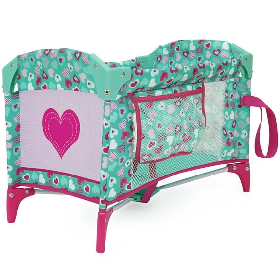 509 Crew: Mint Heart - Dream n' Fun Doll Play Yard - Pink & Green, Portable Sleep Crib, Storage Pockets, Toys-Dolls-Stuffed Animals Accessory, Kids 3+