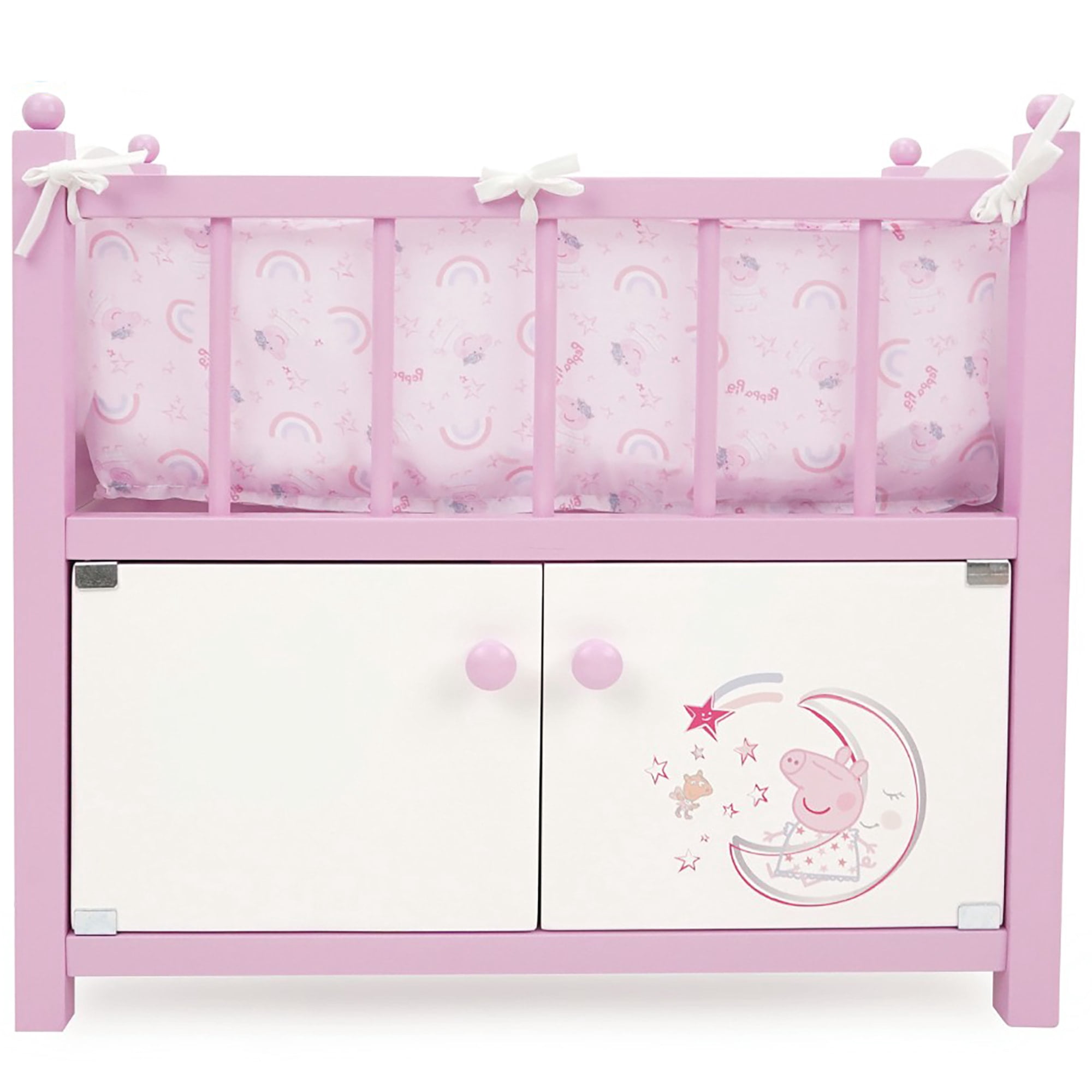 509 Crew: Peppa Pig - 2-In-1 Wooden Doll Crib - Pink-White-Moon, Built-In Storage Cabinet, Pillow & Blanket, Doll & Plush Sleep Accessory Toy, Kids 3+