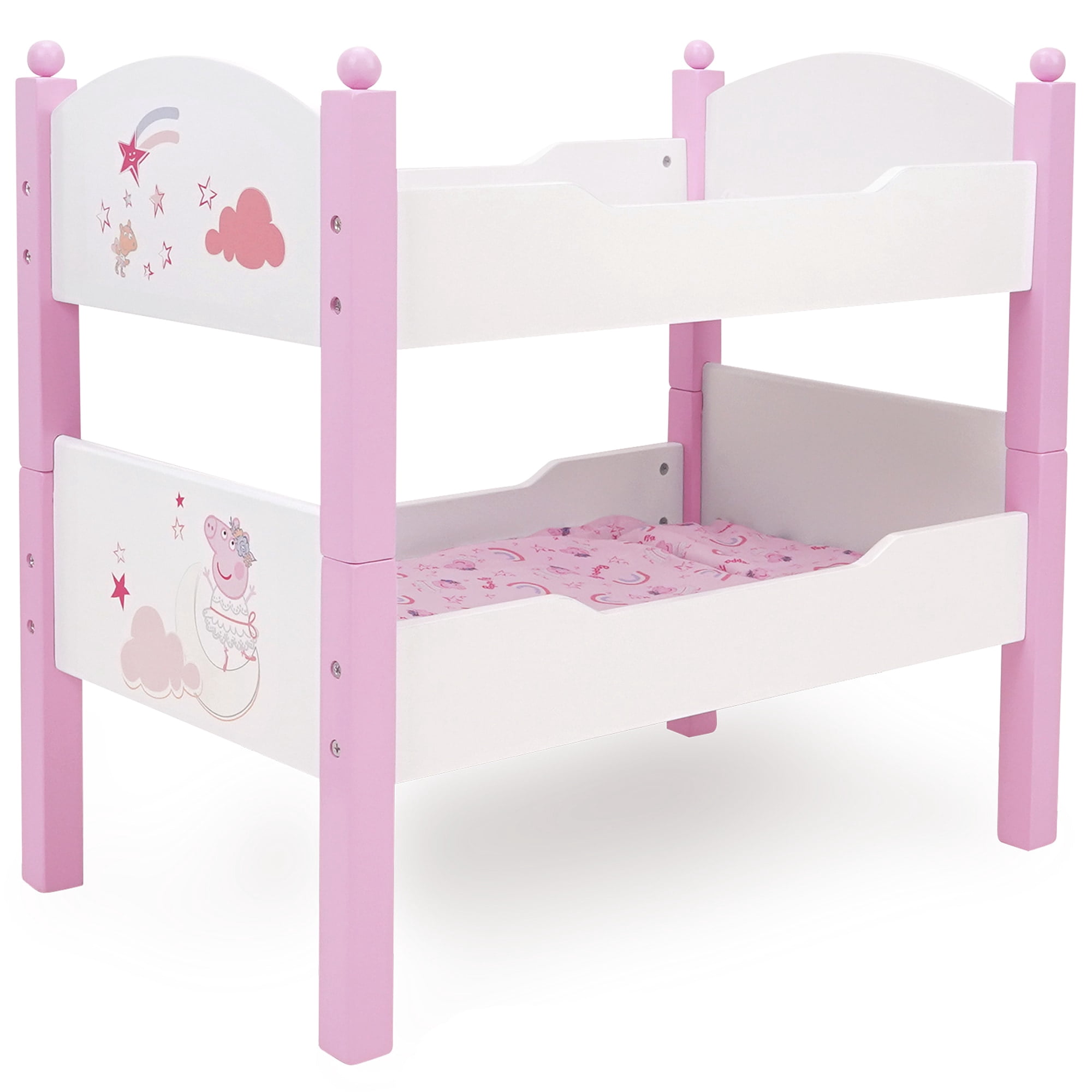 509 Crew: Peppa Pig - Wooden Doll Bunk Bed - Pink & White, Convertible to Single Beds, Blankets & Pillows, Doll & Plush Sleep Accessory Toy, Kids 3+