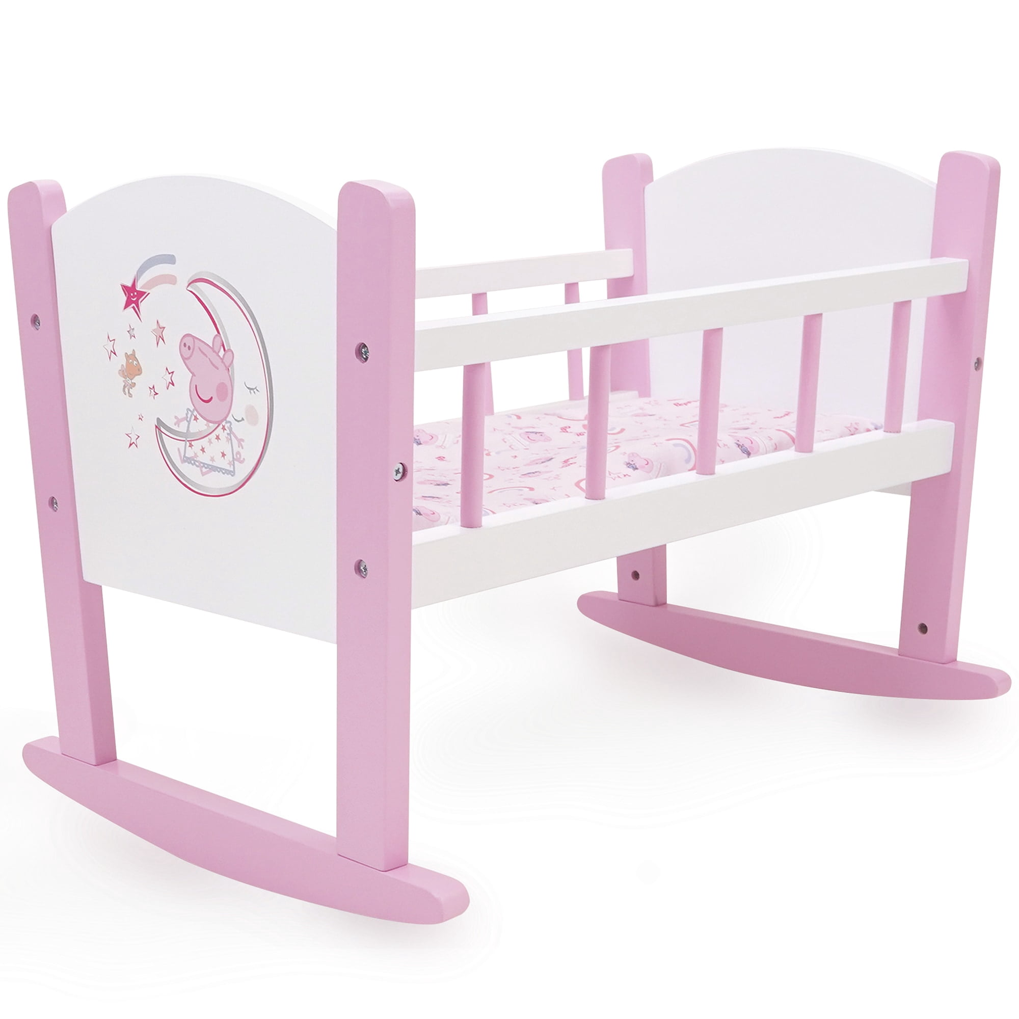 509 Crew: Peppa Pig - Wooden Doll Cradle - Pink-White-Moon, Rocking Bed, Pillow & Blanket, Doll & Plush Sleeping Accessory, Roleplay Toy, Kids 3+
