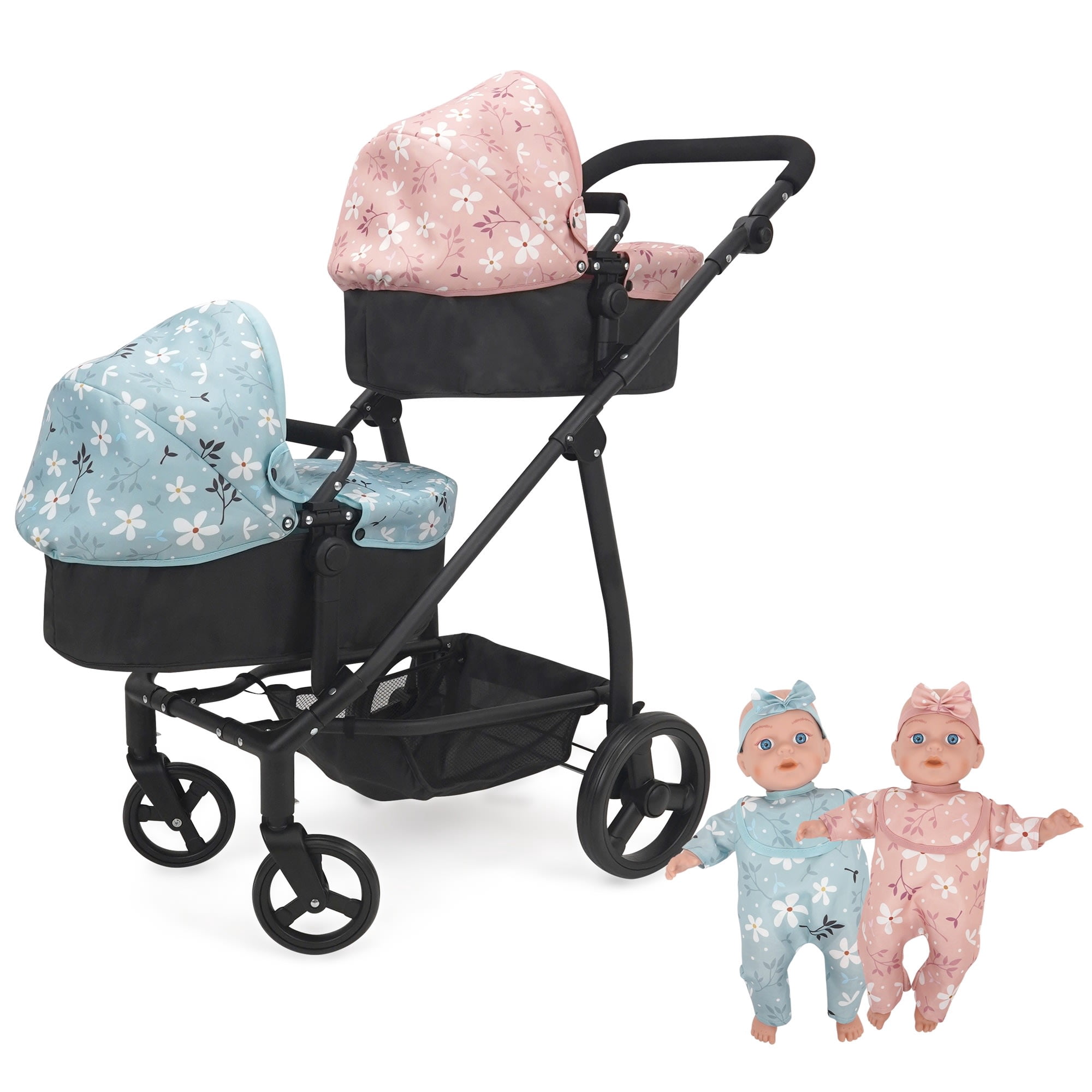 509 Crew: Springtime - Deluxe City Twin Stroller & Baby Dolls Set - Black & Flowers, Pink-Blue Outfits, Converts To Jogger & Push Pram, Toy, Kids 3+