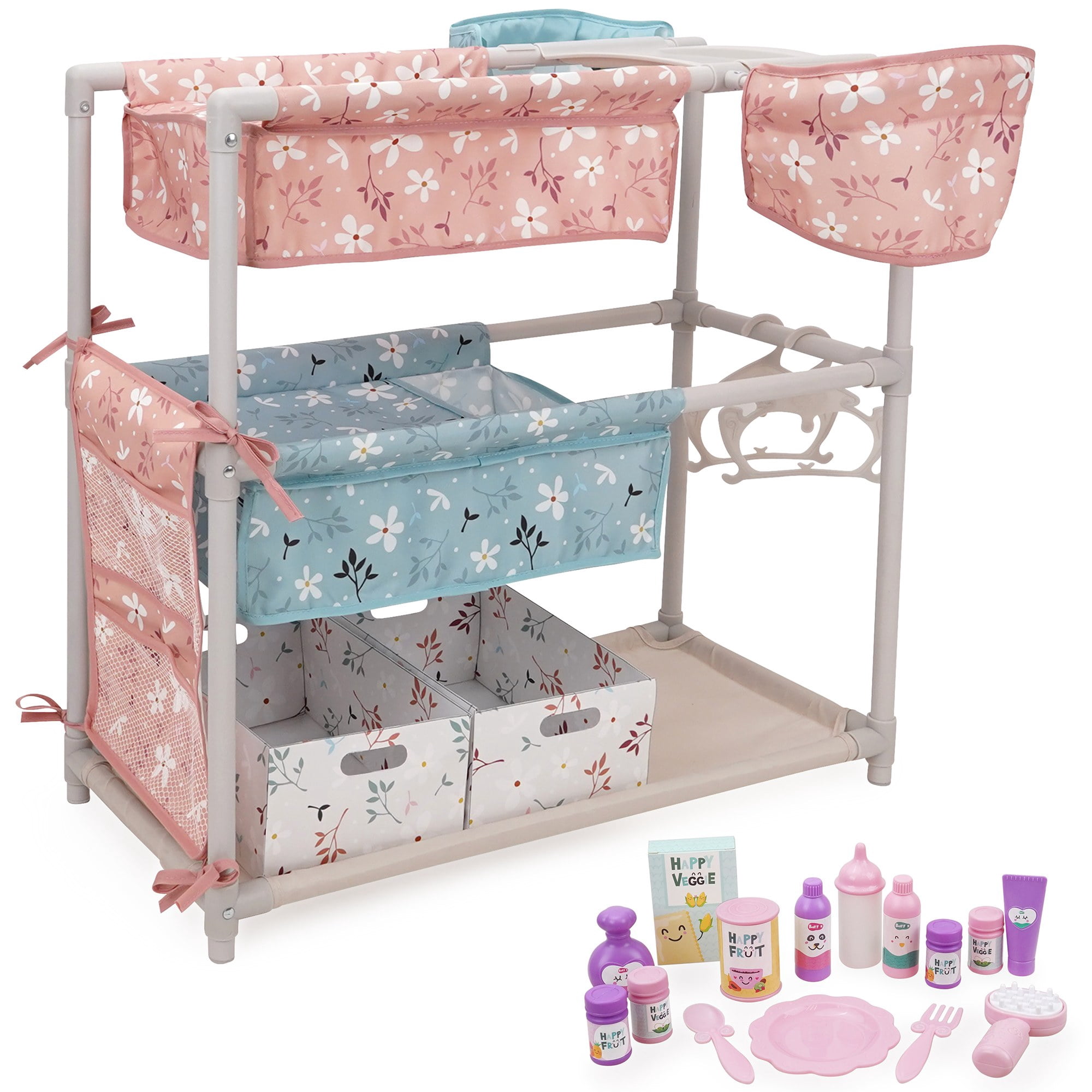 509 Crew: Springtime - Twin Center & Accessories Set - Pink-Blue-Flowers, Bunk Bed Highchair Station, 15 Feeding-Grooming Accessory Toys, Kids 3+