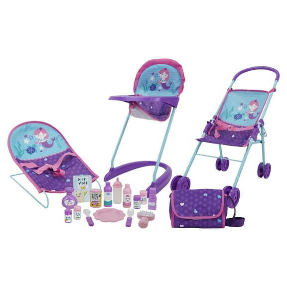 509 Mermaid 19 Piece Doll Travel, Feed, Sleep n Play Set - Folding Doll Stroller, Bouncer, Highchair, Diaper Bag/Handbag, Kids 3+