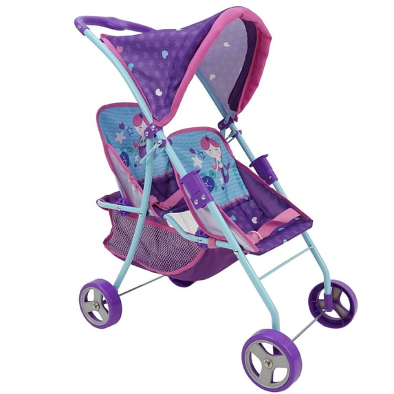 509 Mermaid Twin Doll Stroller- Retractable Canopy, Storage & Travel, 2 Seats, Fits dolls up to 18", Kids 3+