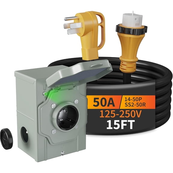 50A 15ft Generator Cord with Pre-Drilled Power Inlet Box NEMA 14-50P to SS2-50R 125/250V