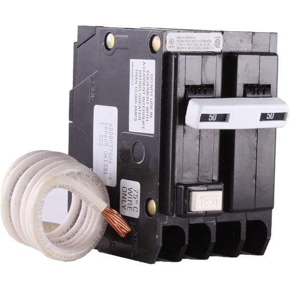 50A Double Pole Ground Fault Circuit Breaker with Self-Test, 240-Volts, 120/240 VAC 2-Pole GFCI Breaker