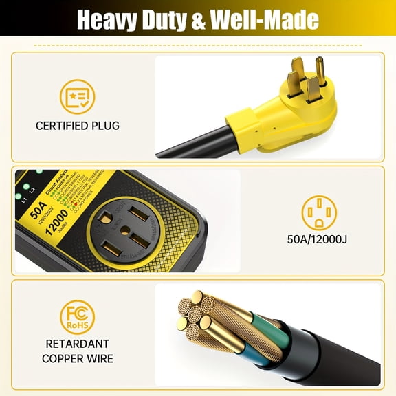 50A RV Surge Protector with 12000 Joules, Easy Plug-and-Play, Ergonomic Handle, Essential for RV Campers, Safely Covers High-Power RV Appliances and Systems, ABS Material, 125VAC Input, RV Electrical