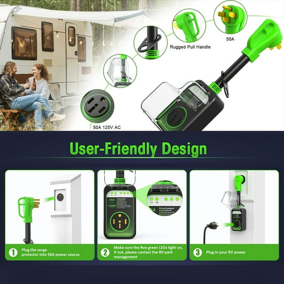 50A RV Surge Protector with 12000 Joules, Easy Plug-and-Play, Ergonomic Handle, Essential for RV Campers, Safely Covers High-Power RV Appliances and Systems, ABS Material, 125VAC Input, RV Electrical