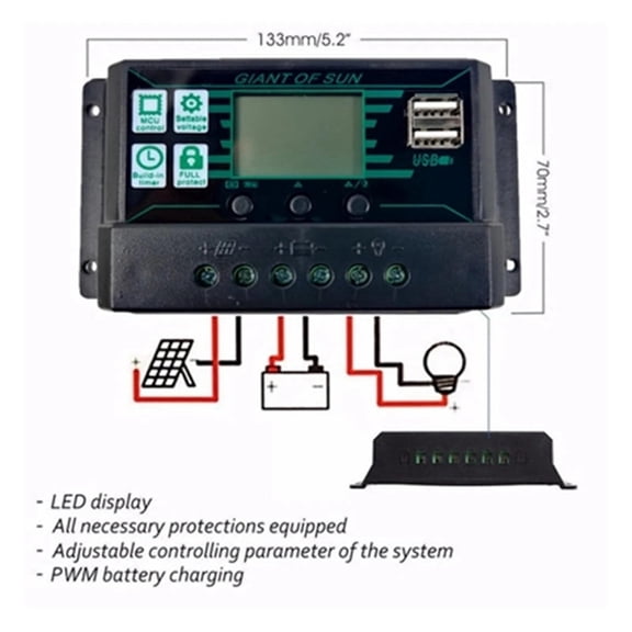 50A Solar Charge Controller PWM Dual USB Solar Panel PV Controller for Lifepo4 Lithium GEL Lead Acid Battery