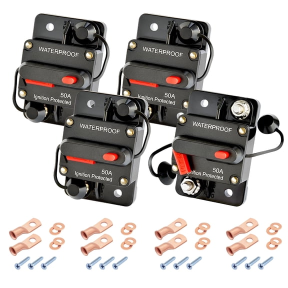 50Amp Circuit Breaker DC 12V-48V for Marine Boat Trolling Motor Automotive RV Trailer Car Solar System Battery Disconnect with Manual Reset Switch, IP67 Waterproof (Pack of 4)