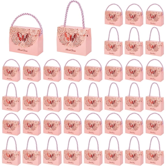 50Bags Hollow Flower Paper Butterfly Printed Gift Tote Boxes with Rope Handles Rectangle Pink Fold: 9x4x7cm