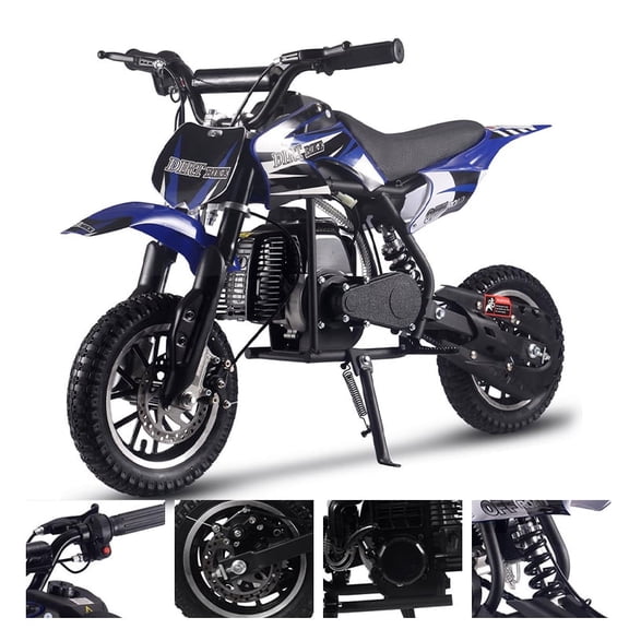 50CC Dirt Bike, 2-Stroke Gas Mini Dirt Bike, with a top speed of 25 mph, a load capacity of 150 lbs, and designed for off-road mountain riding-Blue