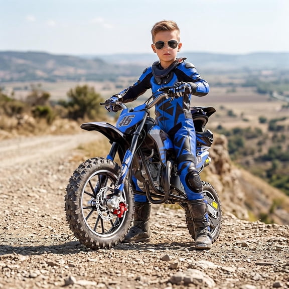 50CC Gas Kids Dirt Bike, 2โStroke Mini OffโRoad Motorcycle Dual exhaust pipes Automatic clutch Safe dual disc brakes Full suspension system
