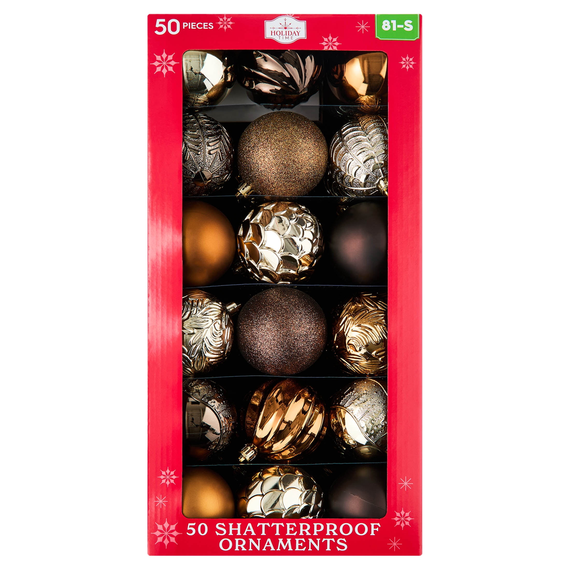 50-Count Brown/Bronze/Champagne Ball Shatterproof Christmas Ornaments, 3", by Holiday Time