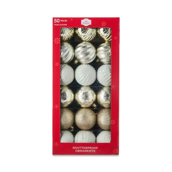 50-Count Champagne Shatterproof Christmas Ball Ornaments, by Holiday Time