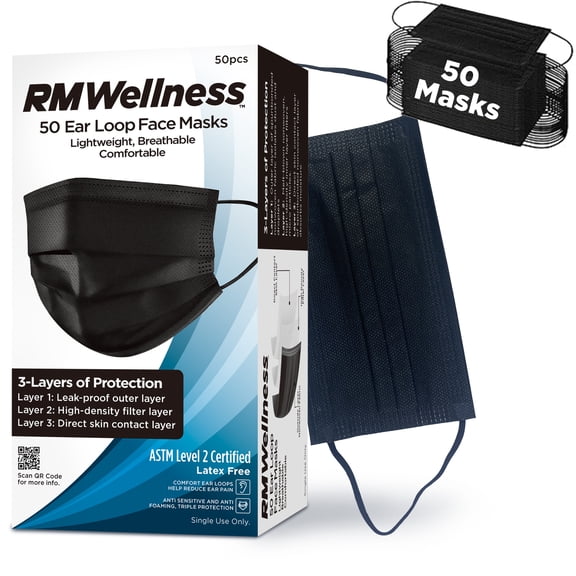 RM WELLNESS Black 3-Ply Disposable Face Masks with Ear Loops, Adult, 50 Count