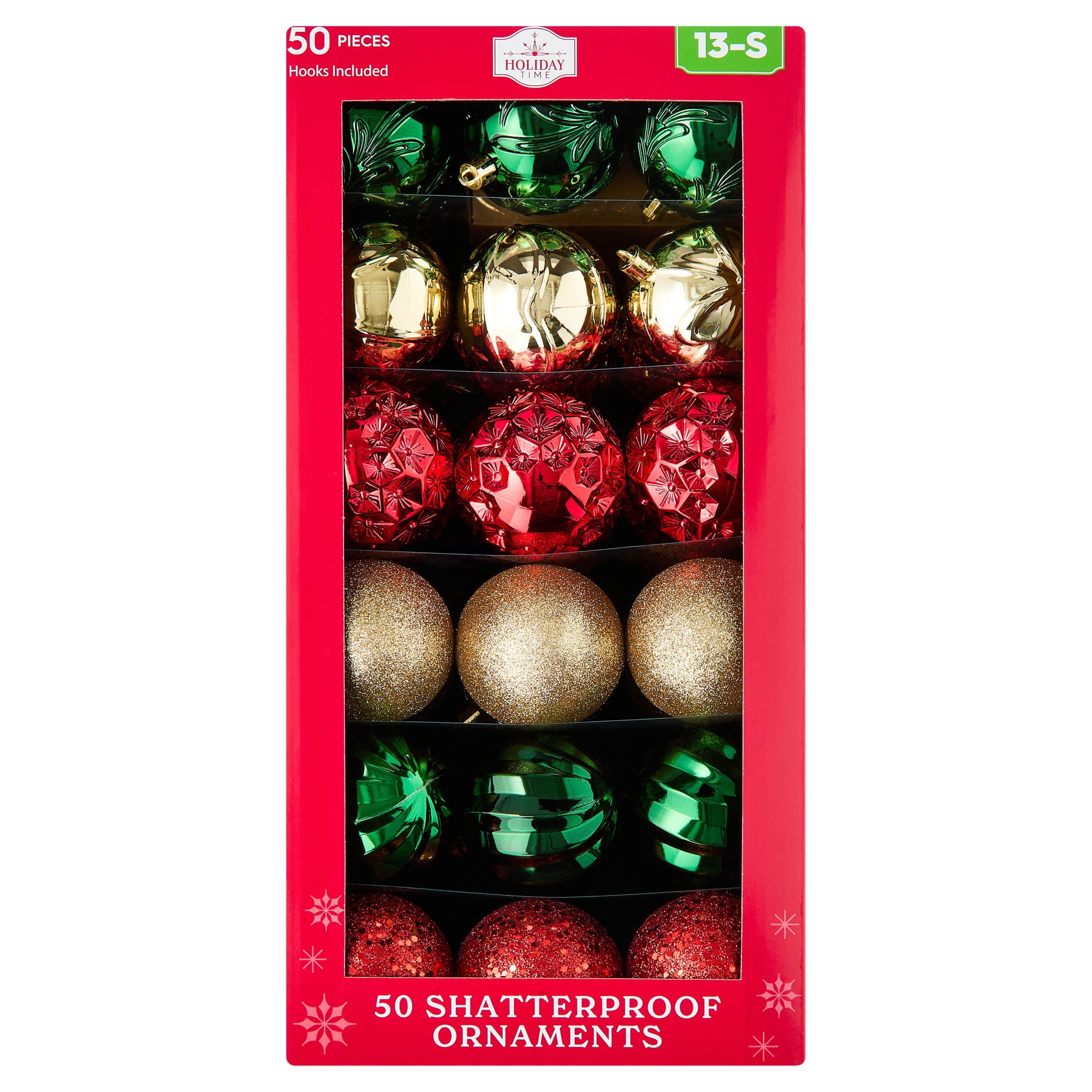 50-Count Red/Green/Gold Ball Shatterproof Christmas Ornaments, 3", by Holiday Time