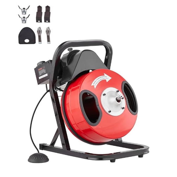 50FT 1/2 Inch Professional Electric Drain Cleaner Machine - Heavy Duty Sewer Snake Auger with Steel Core Cable, 6 Interchangeable Cutters & Air-Activated Foot Switch for 1"-4" Pipes