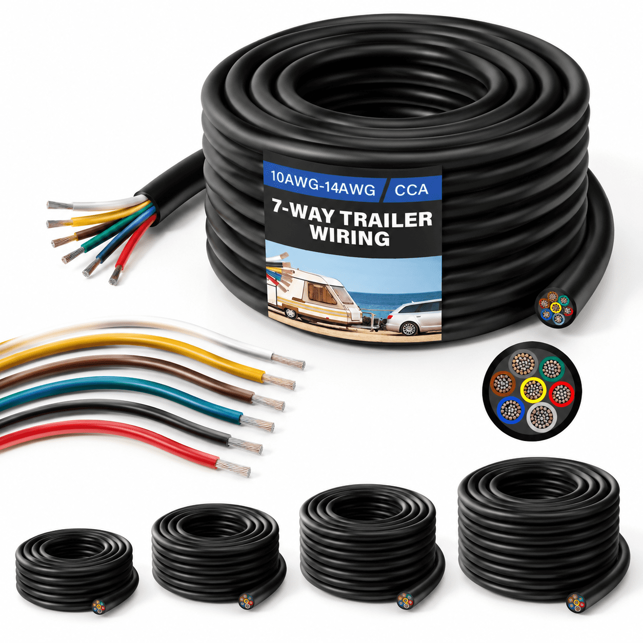 50FT 10-14 AWG 7 Way Trailer Wiring Harness CCA 7 Wire Cable - Walmart.com