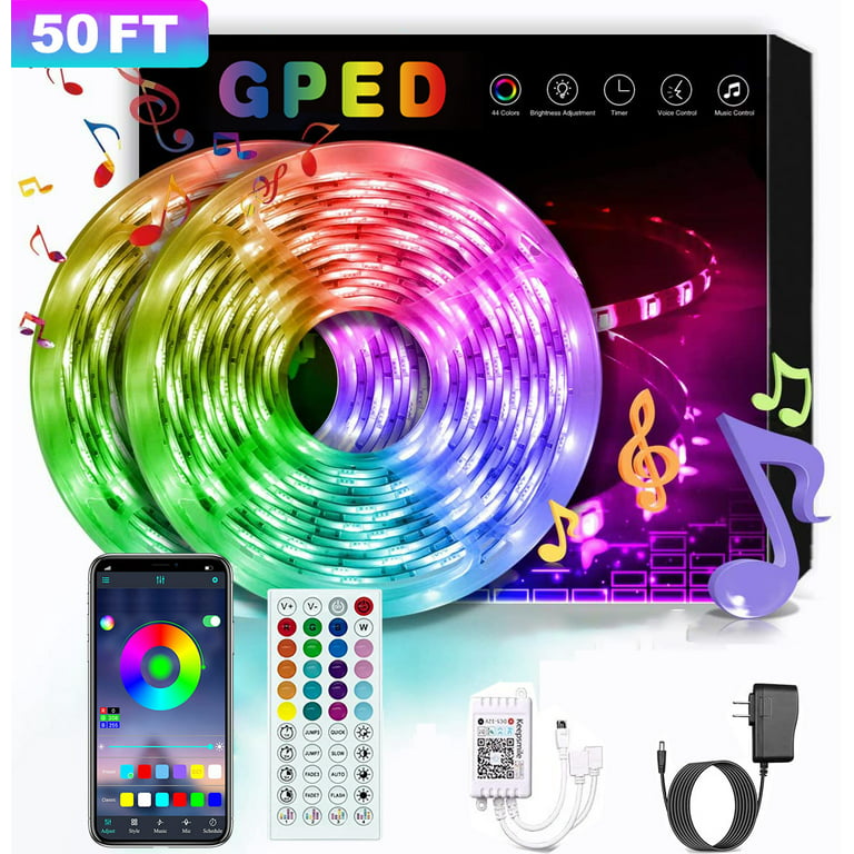 50FT/15M LED Strip Light, Smart RGB 5050 SMD Led Light Strip Music Sync  300LEDs Color Changing Light Strips Bluetooth APP Control with 44-Key Remote  for Bedroom Room TV Party 
