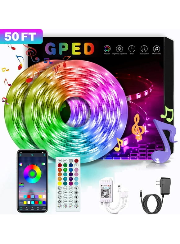 50FT/15M LED Strip Light, Smart RGB 5050 SMD Led Light Strip Music Sync 300LEDs Color Changing Light Strips Bluetooth APP Control with 44-Key Remote for Bedroom Room TV Party