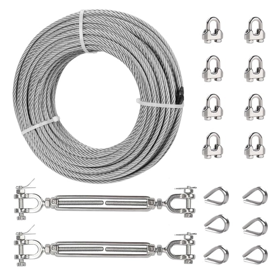 Tootaci 50FT 3/16" Wire Rope Kit, Stainless Steel Cable with 1/4 Turnbuckle, Clamp& Thimble, 7X19 Strands 3700lbs Breaking Strength for Zipline, Deck Railing