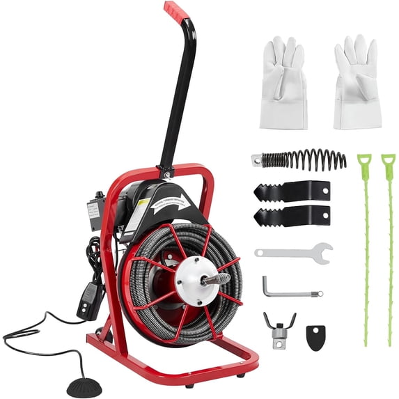 50FT 3/8 Inch Electric Sewer Snake, Auto Feeding Drain Auger Cleaner with 4 Cutter Heads & Foot Switch – 2" to 4" Pipe Drain Cleaner Machine for Home & Professional Use