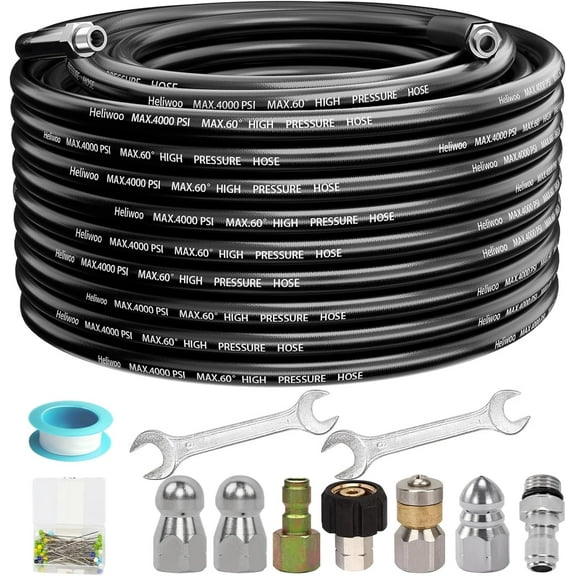 50FT 4000 PSI Sewer Jetter Kit for Pressure Washer Jet Drain Cleaner Hose 1/4 Inch NPT with Rotating and Button Nose Sewer Jetting Nozzles Kit