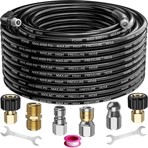 50FT 4000PSI Sewer Jetter Kit for Pressure Washer Hydrojet Drain Cleaning Kit with Button Nose 1/4 Inch NPT Rotating Sewer Jet Nozzle Spanner