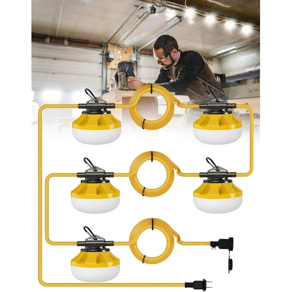 50FT 5-Bulb LED Construction String Lights with Climbing Hooks IP65 Waterproof Linkable Industrial Temporary Lighting Bestseling