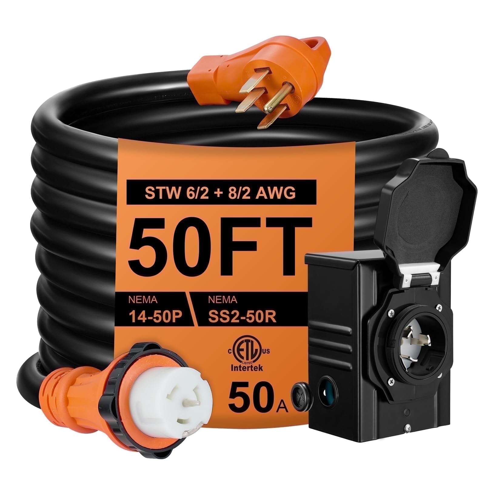 SPEEDWOW 50 FT 50 Amp RV Extension Cord, 125/250V Heavy Duty Extension Cord with Generator Inlet Box, 6/3+8/1 Gauge STW ETL Listed, NEMA 14-50P to SS2-50R, Waterproof Power Cord for RV Outdoor Home