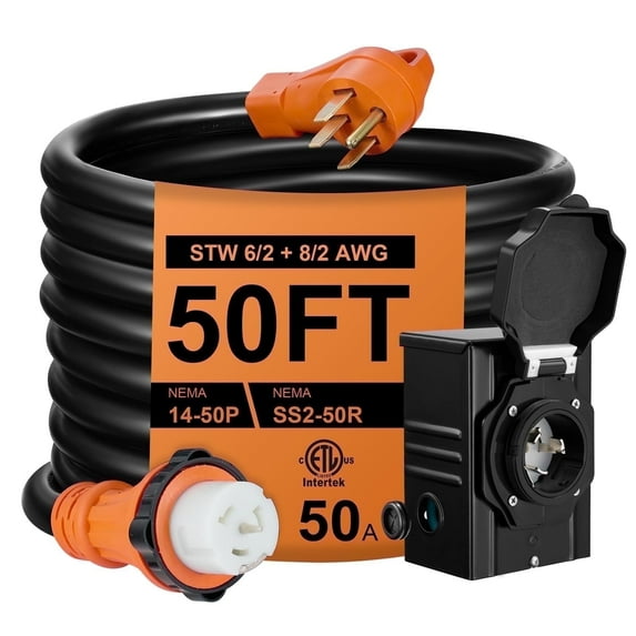 SPEEDWOW 50 FT 50 Amp RV Extension Cord, 125/250V Heavy Duty Extension Cord with Generator Inlet Box, 6/3+8/1 Gauge STW ETL Listed, NEMA 14-50P to SS2-50R, Waterproof Power Cord for RV Outdoor Home