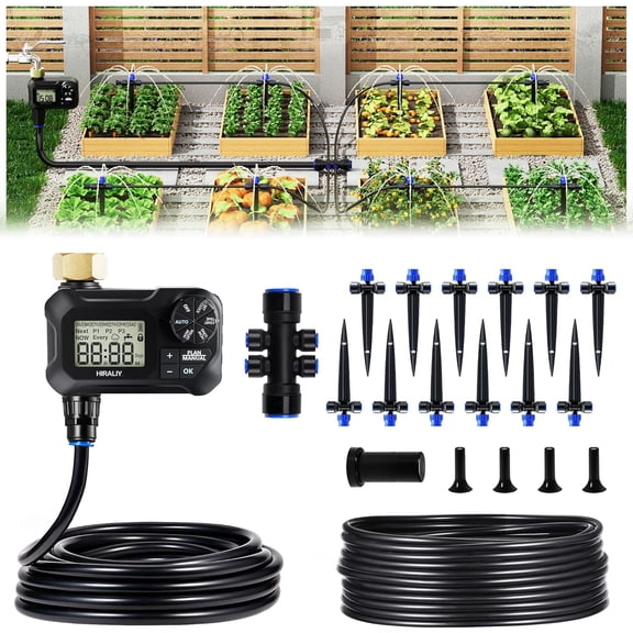50FT Automatic Drip Irrigation Kit with Timer, Quick-Connect Garden Watering System 40FT 1/4" Tubing, 10FT Main Hose, 12 Adjustable Drippers for Patio, Raised Beds & Potted Plants