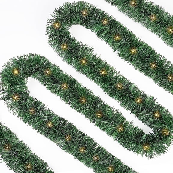 50FT Artificial Christmas Garland, 100 Pre-Lit LED Lights Battery Operated Xmas Garland for Indoor Outdoor Door Home Stairs Holiday Decor, Warm White