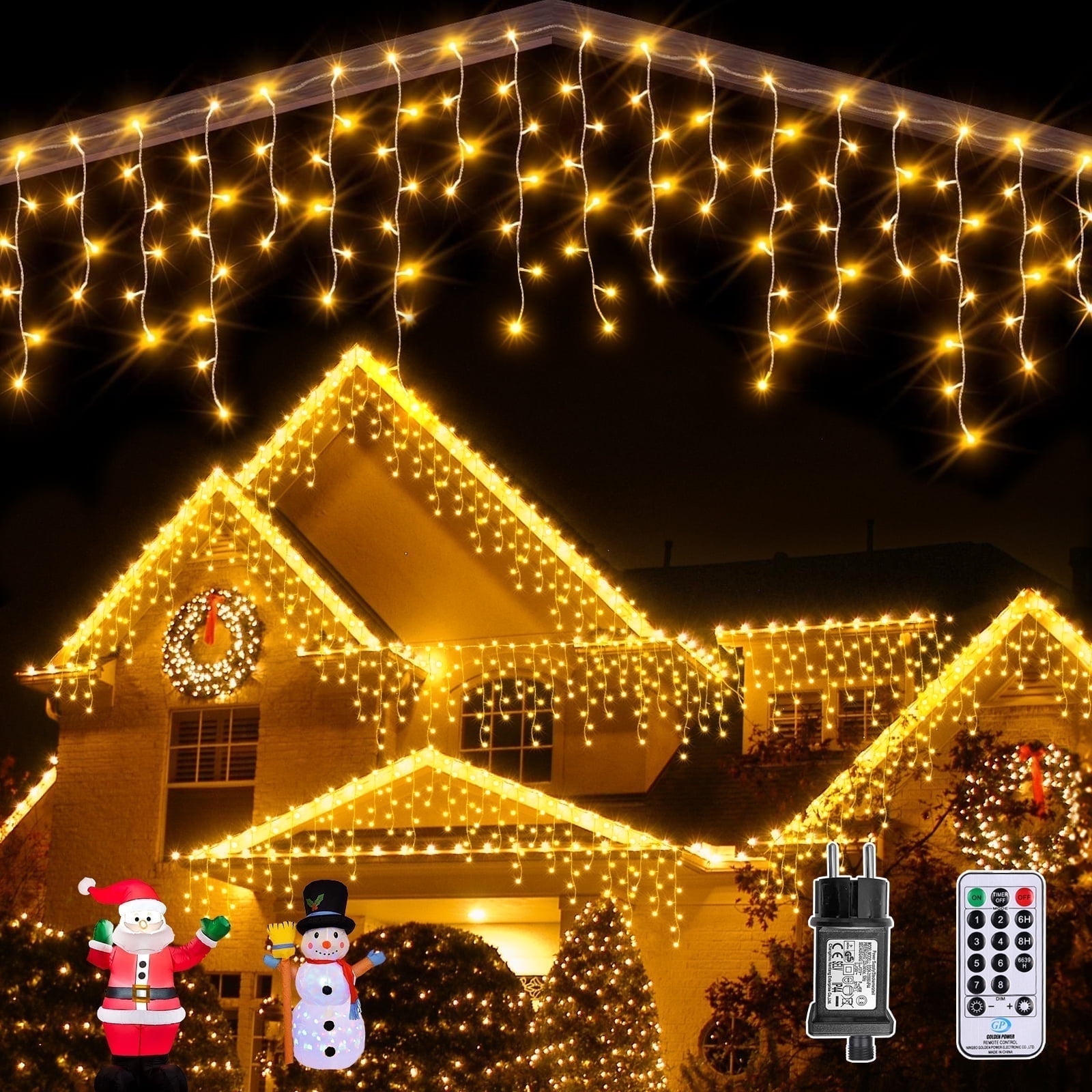 Warm White Decorative Lights , 45ft 594 LED Icicle Lights for Outside House with Connectable Clear Wire 8 Modes Timer, Plug in Waterproof for Eaves Yard Party Indoor Holiday Decoration