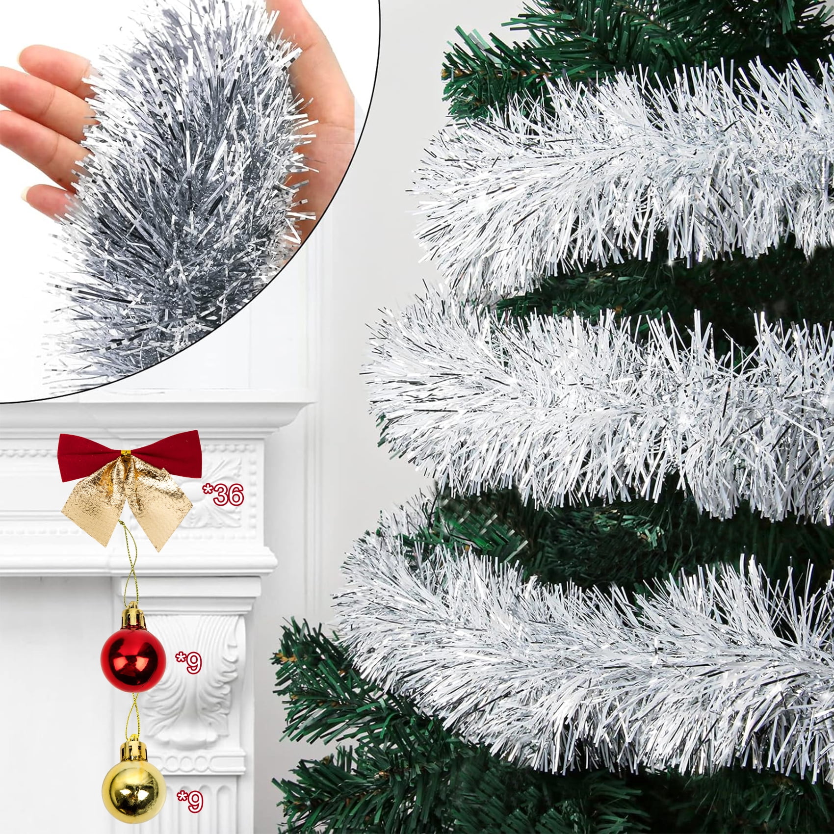 50FT Christmas Tinsel Garland Christmas Decorations , Sparkly Christmas Silver Tinsel NonLit
