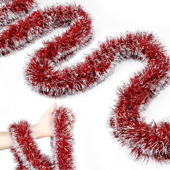 5FT Christmas Tinsel Garland Red Garland for Christmas Tree Decorations, Xmas Tinsel Garlands for Decoration Indoor Outdoor Party Supplies Holiday Decor (Red and Silver)