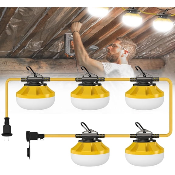 50FT Construction : 50W String Work Lights with 5 Bulbs & Hooks, IP65 Temporary Construction Lighting 5000K Linkable Hanging Work Light for Attic, Crawlspace, Basement, Backyard