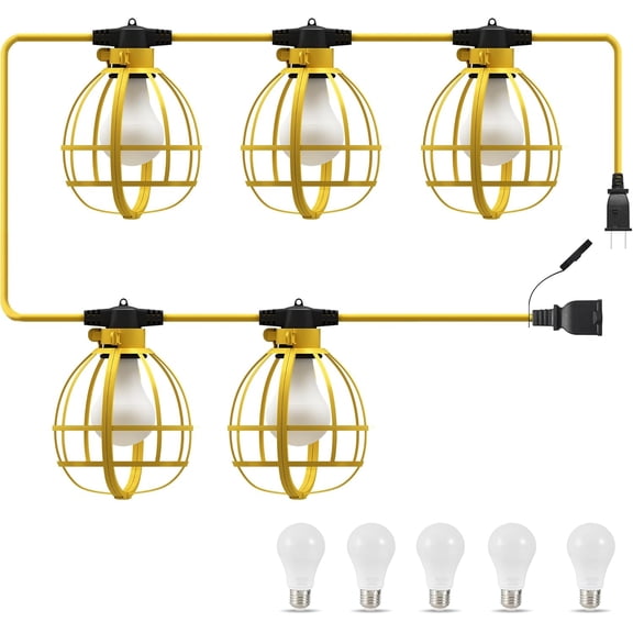 50FT Construction String Lights, 5 Bulbs 50W 5250LM Work Lights with 5 Medium Base Sockets, Linkable Construction Lights, Weatherproof Commercial-Grade Temporary Lighting