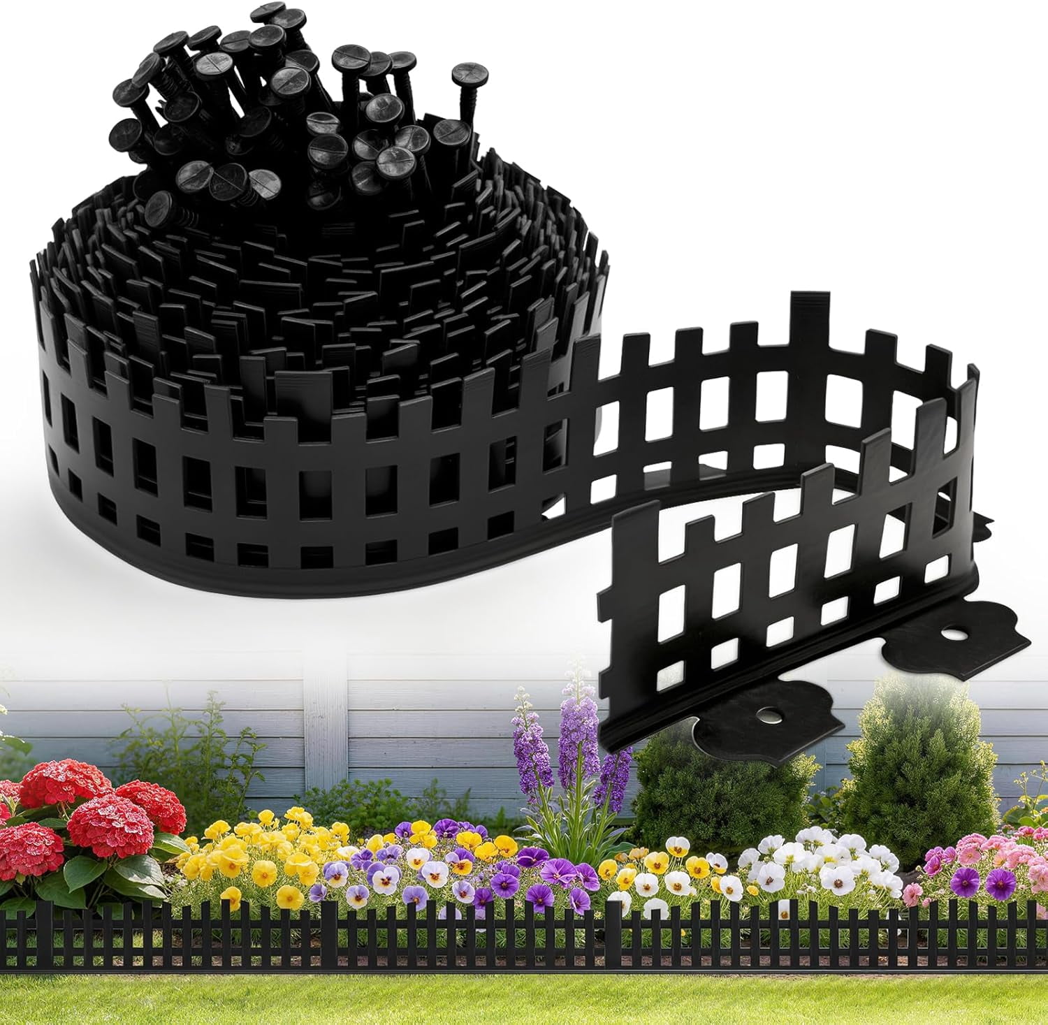 50FT No Dig Landscape Edging Kit 4-4.7 in Tall Arched Design Garden Edging Border with 80 PCS Spikes Flexible Plastic Lawn Edge Fence for Flower Bed Pathway Tree Yard Grass