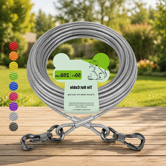 50FT Dog Tie Out Cable, Stainless Steel Wire Rope with Lockable Hook and Swivel , Outdoor Runner Cable for Small Medium Large Dogs Up to 250 LBS, Silver