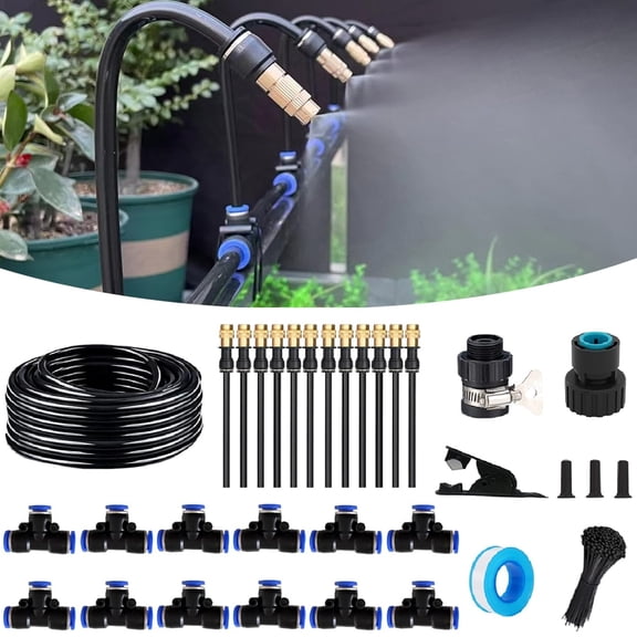 50FT Drip Irrigation Kit, Automatic Garden Watering System with Tool-Free Quick Connectors, 360° Bending Drippers & Copper Misting Nozzles for Greenhouse, Patio, Lawn & Vegetable Garden. (15M)