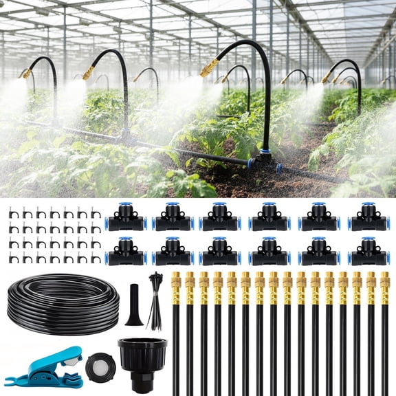 50FT Drip Irrigation System with Adjustable Nozzles & Quick Connect, Water Saving Kit for Garden & Greenhouse
