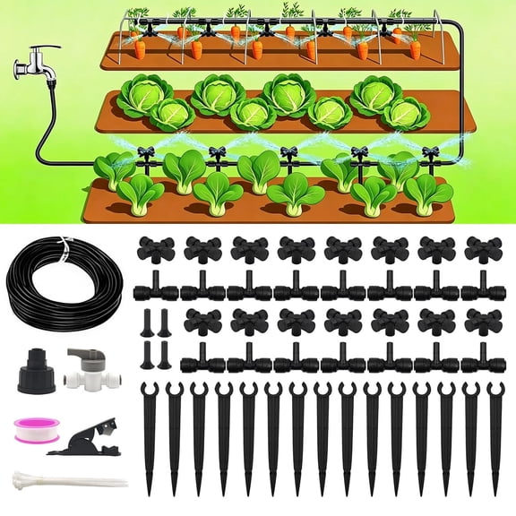 50FT Drip Irrigation System Kit Automatic Garden Watering with 1/4" Tubing & Quick Connect Fittings Adjustable Mist and Linear Columnar Modes for Greenhouse, Raised Beds, Lawn, Yard