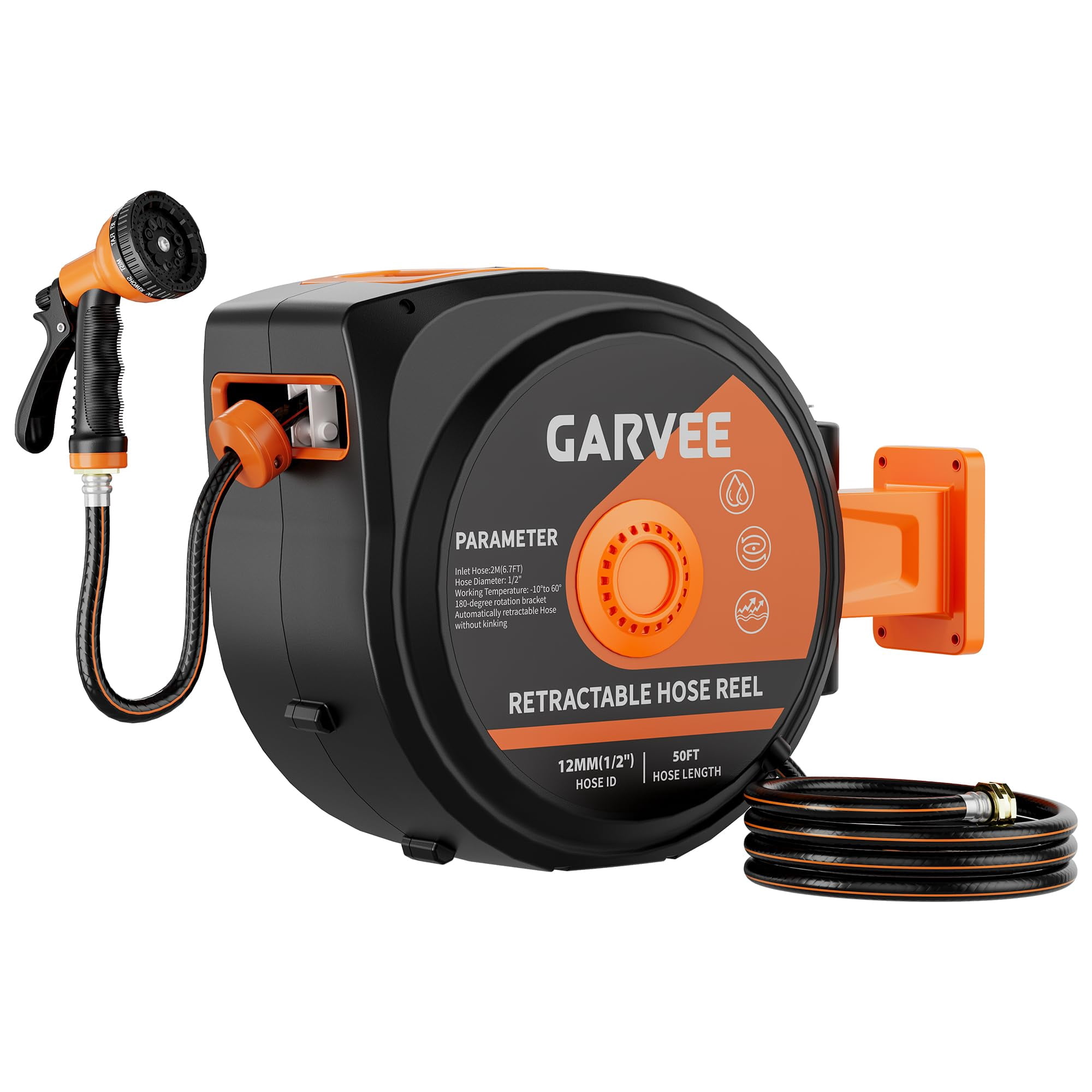 50FT Ft X1/2 in Retractable Garden Hose Reel, Wall Mounted Heavy Duty Garden Hose Reel with 10 Spray Nozzle, Slow Retraction System, 180°Swivel Bracket, UV Resistant & 3-Layer Protect