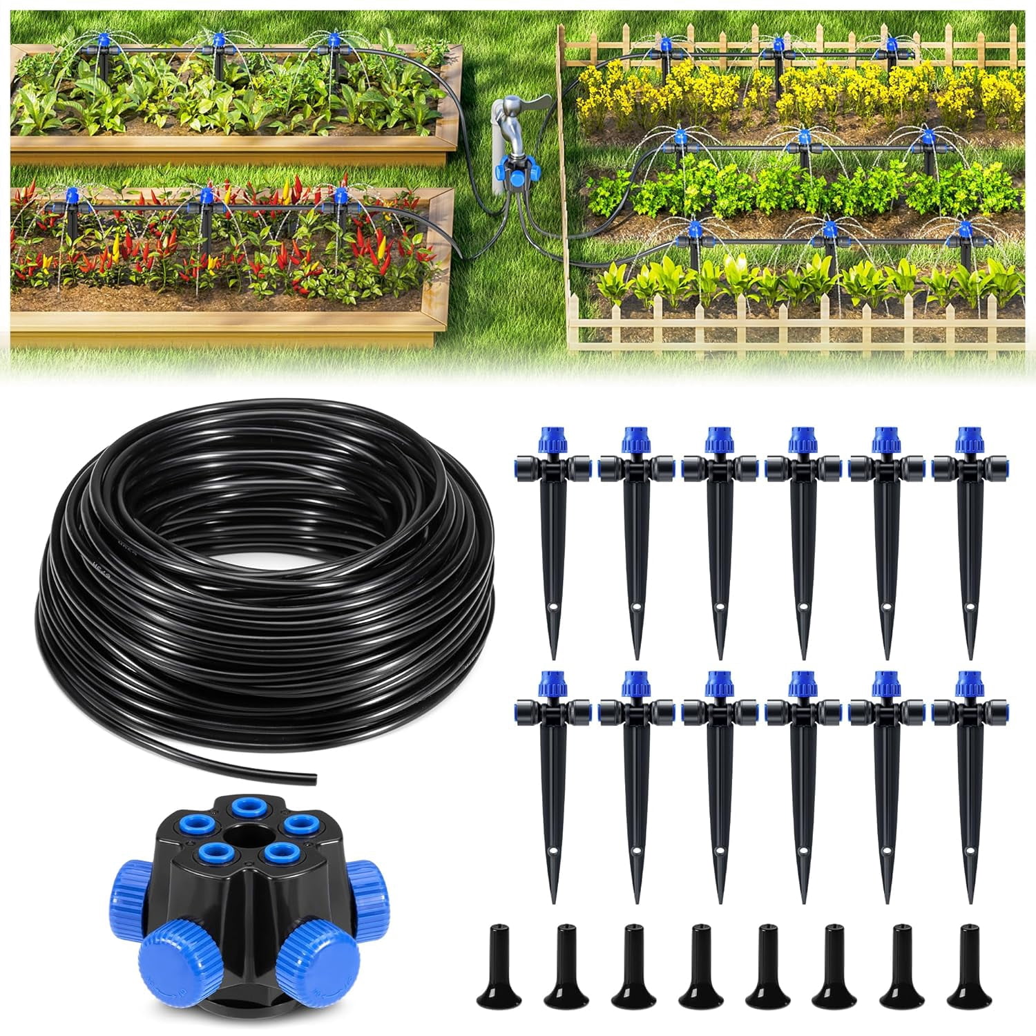 50FT Garden Drip Irrigation Kit, Automatic Watering System with 5-Way Connector, Quick Connectors, Adjustable Drippers, Raised Bed, Patio