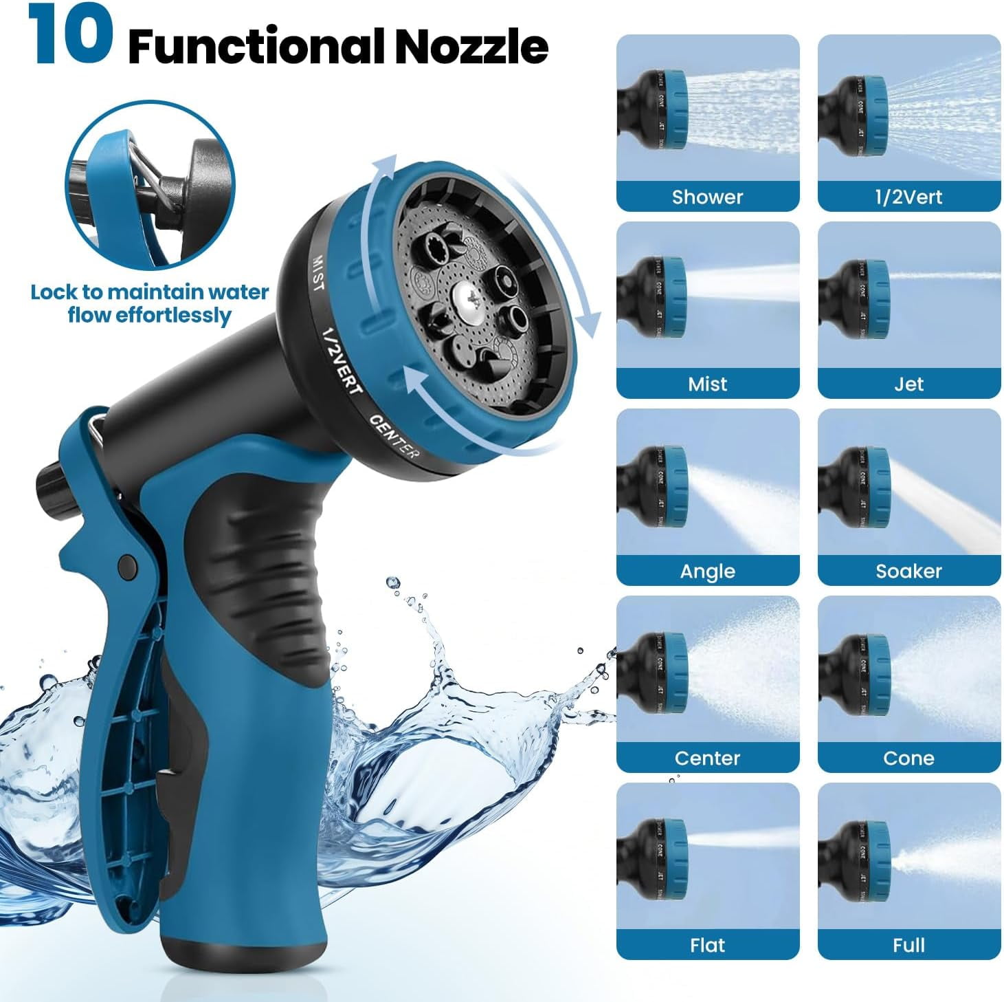 50FT Garden Hose with 10 Function Nozzle, Kink- & Leak-Proof Metal Hose for Lawn, Yard, RV, Car Wash