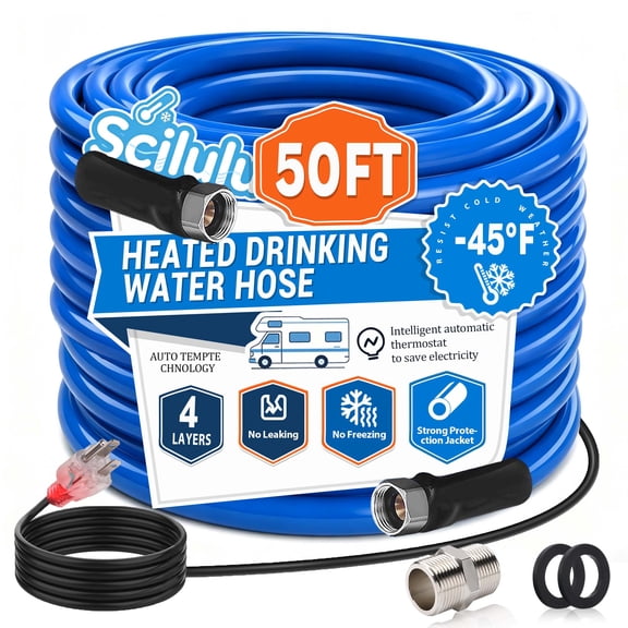 Scilulu 50ft Heated Water Hose for RV, Freeze Protection to -45F, Lead-Free & BPA-Free, Safe Drinking Water for Campers, Gardening, Livestock, Home Use